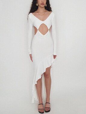 SAYLOR Women's Long Sleeve Asymmetric Ruffle Hem Dress Size S in White